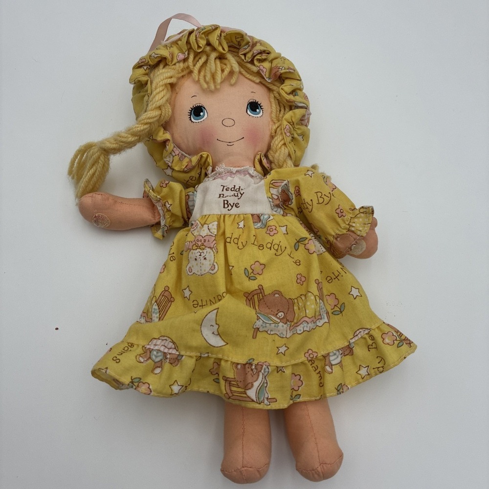 Vintage 1980 Teddy Beddy Bye Rag Doll AmToy Yellow Dress Nightcap Plush 11"